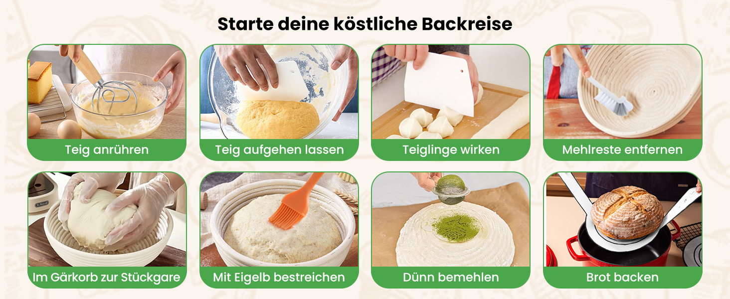 Набір для закваски GEEKHOM: 14 предметів для випікання хліба (заквасочний кошик круглий та овальний, склотара 650 мл, скребок для тіста)