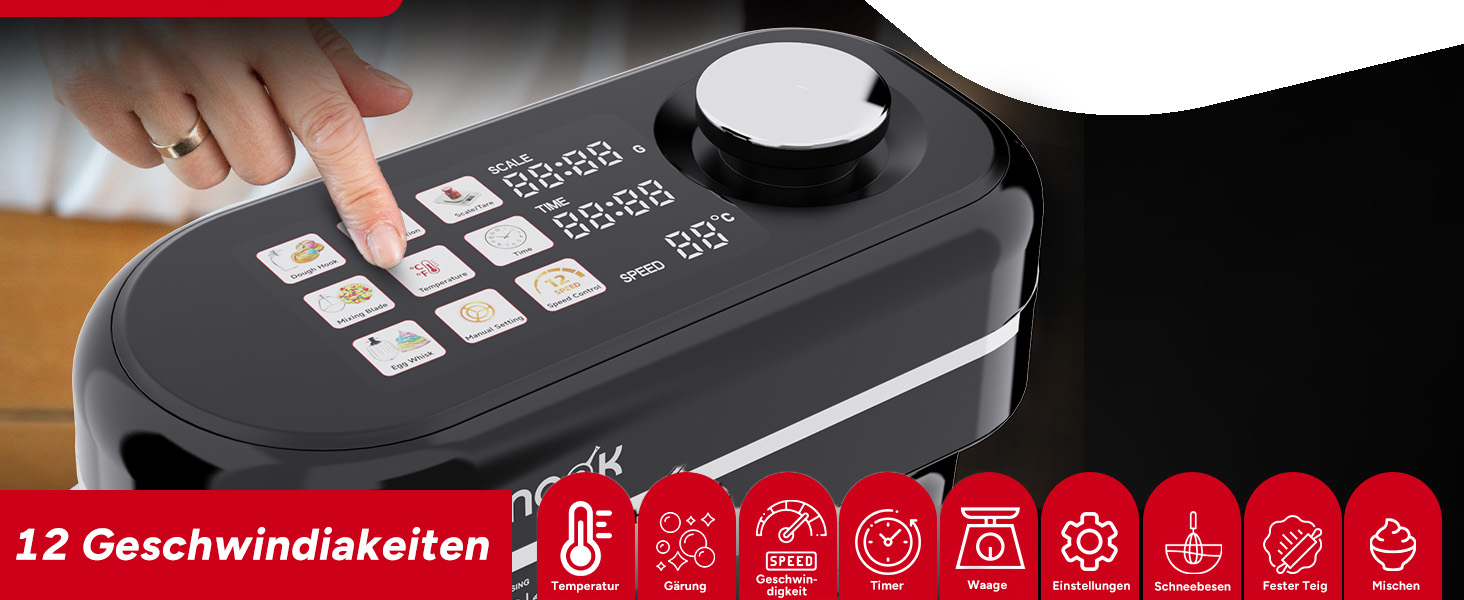 Кухонний комбайн-міксер 1500W з підігрівом, вагами та таймером, 2 чаші з нержавіючої сталі (4.5л та 5.5л), 12 швидкостей, дисплей, чорний