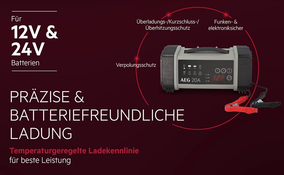 Зарядний пристрій акумуляторів AEG LT 20, 20A для 12/24V авто, 9-ступінчатий, з інтелектуальною функцією заряджання та автоматичним вирівнюванням температури, чорний/сірий