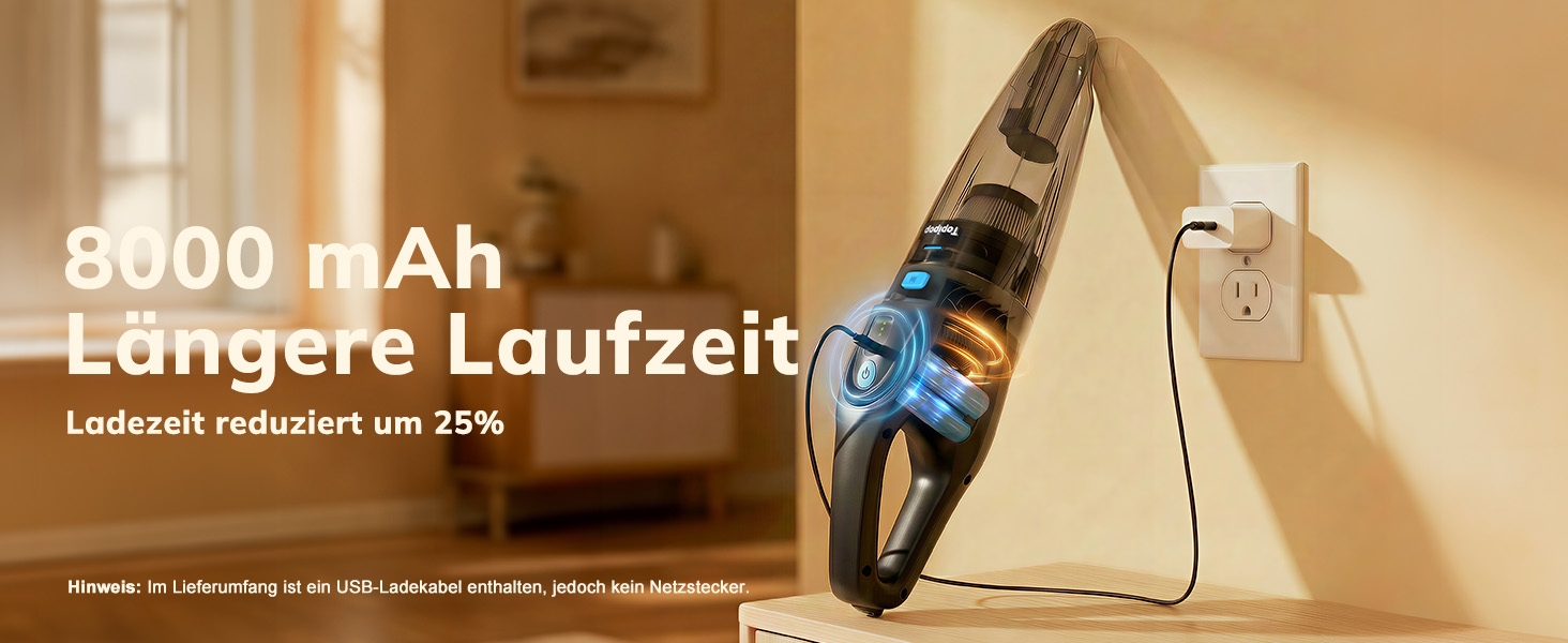 Акумуляторний ручний пилосос для авто та дому, потужність 25000Па, бездротовий з HEPA-фільтром та набором насадок, для шерсті тварин та килимів (Чорний)