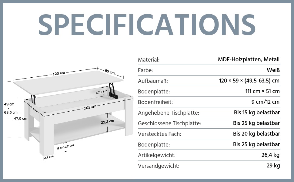 Журнальний столик Yaheetech з регульованою висотою та прихованим місцем для зберігання, дерев'яний, для вітальні та офісу (120 x 59 x (49,5-63,5) см, білий)