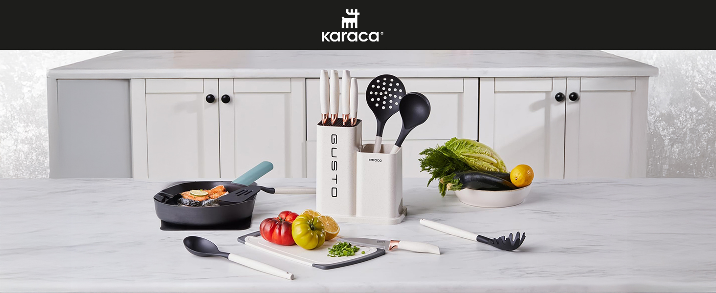 Набір ножів Karaca Gusto 12 предметів з дерев'яною підставкою та кухонними аксесуарами, з нержавіючої сталі, ергономічні ручки, кремовий колір