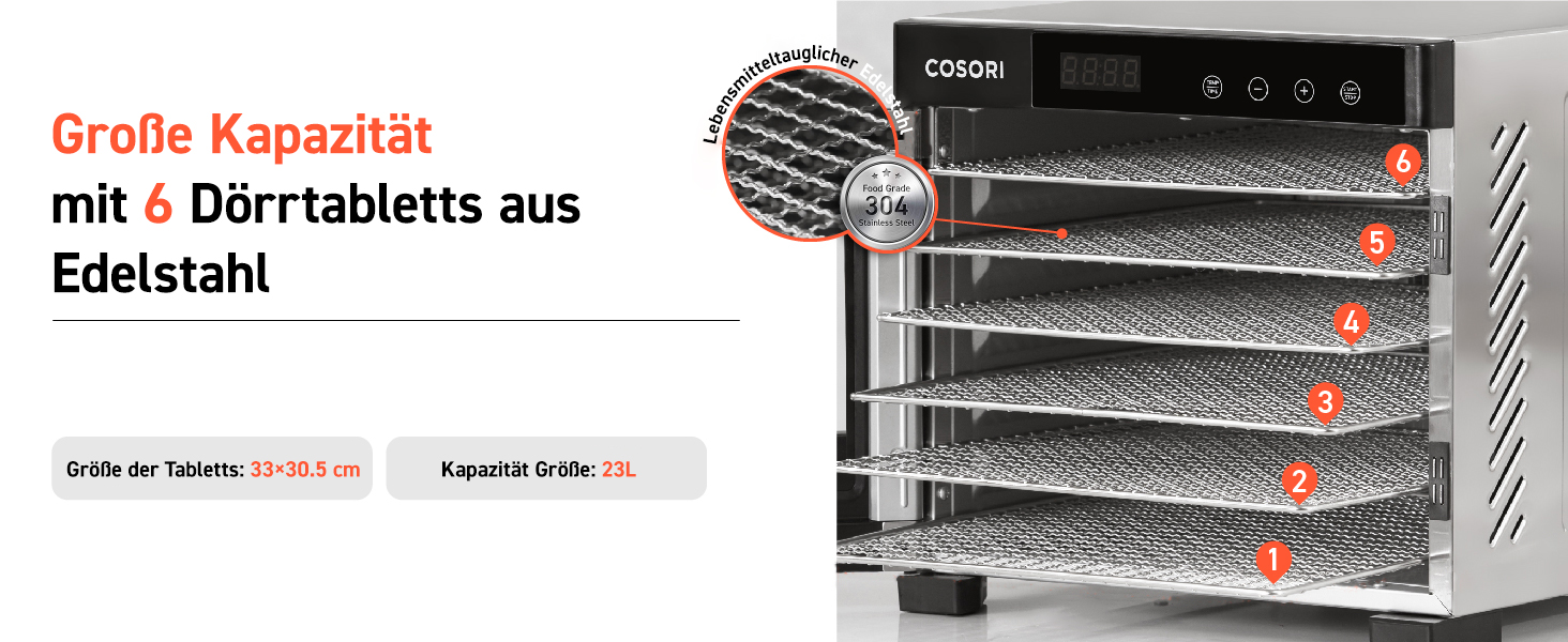 Сушарка для їжі COSORI з нержавіючої сталі, 6-ярусна, з 50 рецептами, 6 лотків, 3 сітки, 3 килимки, площа 0,6 м², таймер 48 год, LED-дисплей (35°-75°C), 650W