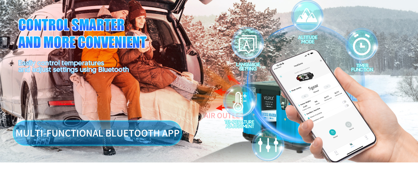 Автономний дизельний обігрівач VELPAX All in One 8кВт, 12V/24V/220V з Bluetooth, LCD-дисплеєм та пультом керування для кемпера, автобудинку та причепа