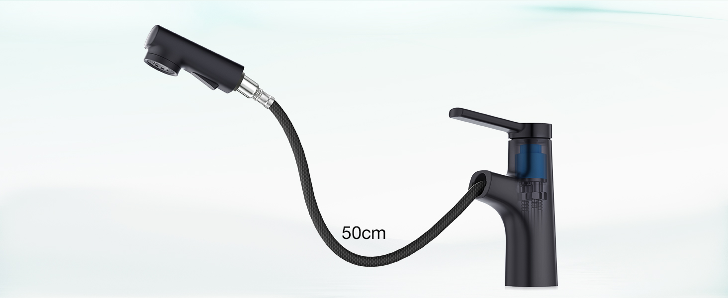 Сучасний змішувач для ванної кімнати CREA з висувною лійкою, 2 режими струменя, одноlever, з міді з хромовим покриттям (чорний)