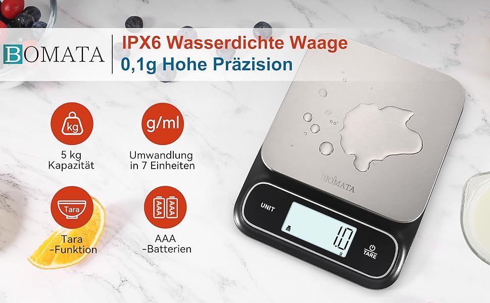 Кухонні ваги BOMATA: цифрові, з нержавіючої сталі, IPX6, 5 кг, 0.1 г, USB-C, для приготування їжі, випічки, схуднення