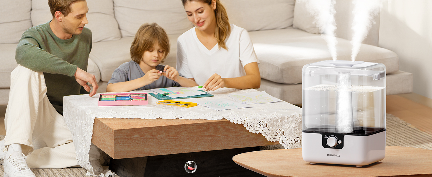 Зволожувач повітря Chivalz Top Fill для великих кімнат 6л з нічником, обертовою на 360° форсункою, 50 год роботи, аромадифузор для спальні, дитячої, рослин, немовлят, білий + 2 виходи туману