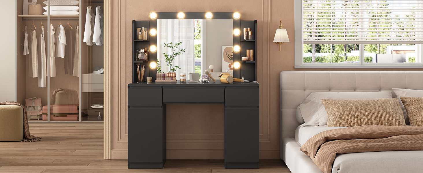 Великий туалетний столик AOGLLATI з великим дзеркалом та регульованою LED-підсвіткою. Косметичний столик з розетками, 3 висувними ящиками та 2 шафками. Сучасний туалетний столик для спальні (білий/чорний)