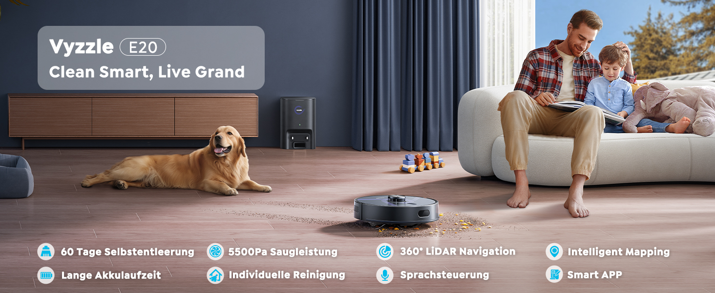 Робот-пилосос Vyzzle з вологою тканиною 5500 Па, док-станція 3.5л, для шерсті тварин, килимове покриття, керування через додаток, голосове керування Alexa & Google Assistant (Чорний)
