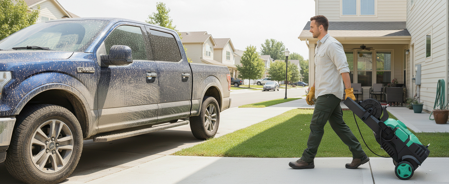 Високотискний мийник 2026 Neu 180 бар, 6-в-1 насадка, 420 л/год, 50 м²/год, економія води, з піноплавником 500 мл та барабаном для шланга (33x32x86 см, блакитний)