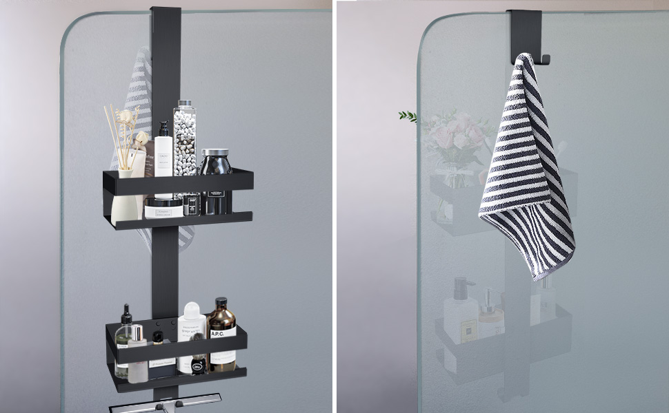 Настінна поличка для душу з нержавіючої сталі SUS304, без свердління, для скляних дверей (чорний)