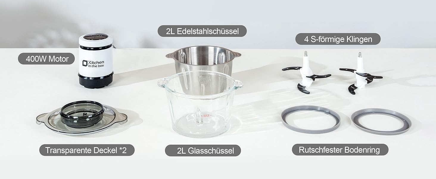 Електричний подрібнювач Zerkleinerer 400W з двома чашами 2л + 2л та двома лезами з нержавіючої сталі для м'яса, овочів, фруктів - білий