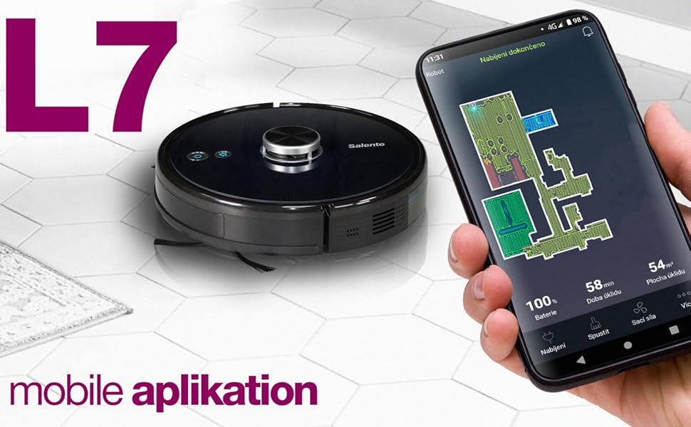 Робот-пилосос SALENTE L7 з функцією миття, 360° лазерна навігація, Wi-Fi, SLAM-картування, керування через додаток. Підходить для підлоги, паркету, килимів та видалення шерсті тварин. UV-стерилізація.