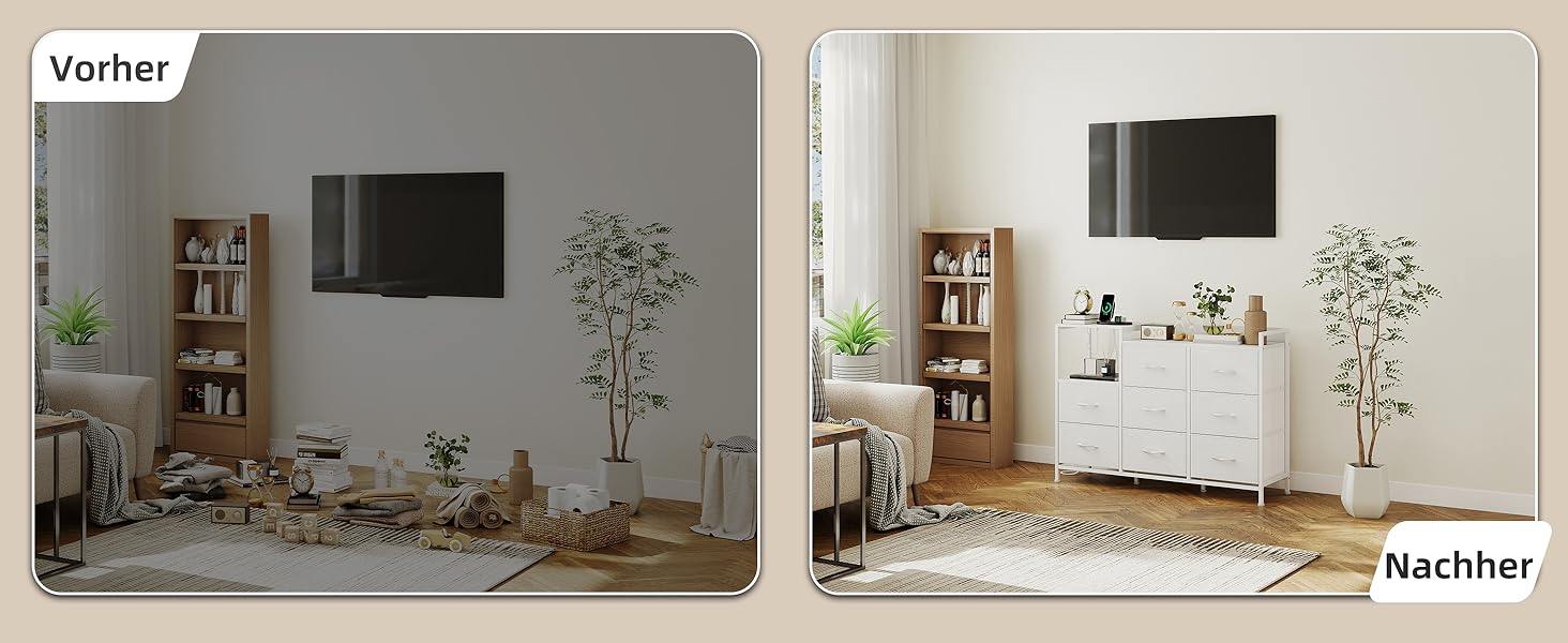 Комод Somdot для спальні, вітальні, прихожої з шухлядами, LED-підсвічуванням та розетками (2 AC, 1 USB, 1 Type-C), 5 тканинних шухляд, білий, 29T x 66,5B x 70,5H см (Комод Somdot з 8 шухлядами, біле шкірозамінник, 29T x 99B x 70.5H см)