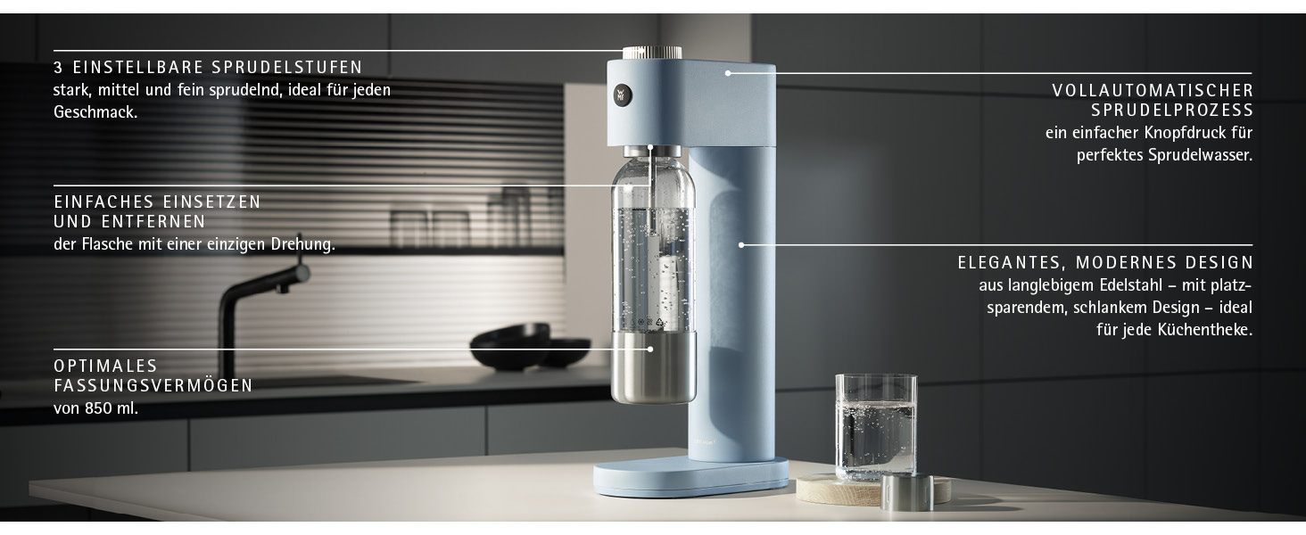 Автоматичний сифон для води WMF Element One зі сталі, світло-блакитний — газовий сифон для створення газованої води з 3 рівнями інтенсивності