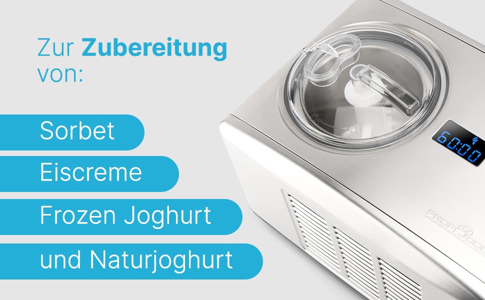 Машина для приготування морозива та йогурту ProfiCook® ICM 1091 N з нержавіючої сталі | Морозиво за 20 хвилин | Об'єм до 1500 мл | З компресором | Для морозива та замороженого йогурту | В комплекті рецепти, шпатель для морозива та мірний стакан | Нова модель
