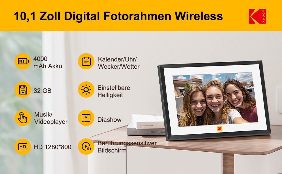 Цифровий фоторамка Kodak WiFi 10,1 дюйма, вбудована пам'ять 32 ГБ, сенсорний екран 1280x800, акумулятор 4000 мАг (чорний)