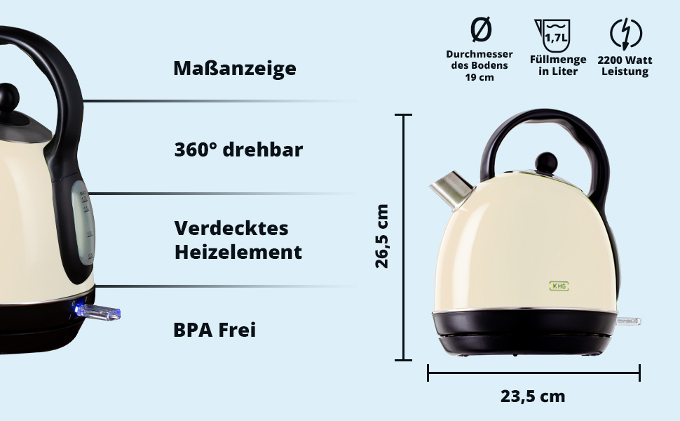Чайник KHG Retro WK-1711, 1,7 л, нержавіюча сталь, фільтр від накипу, індикатор рівня води, захист від википання, 2200 Вт