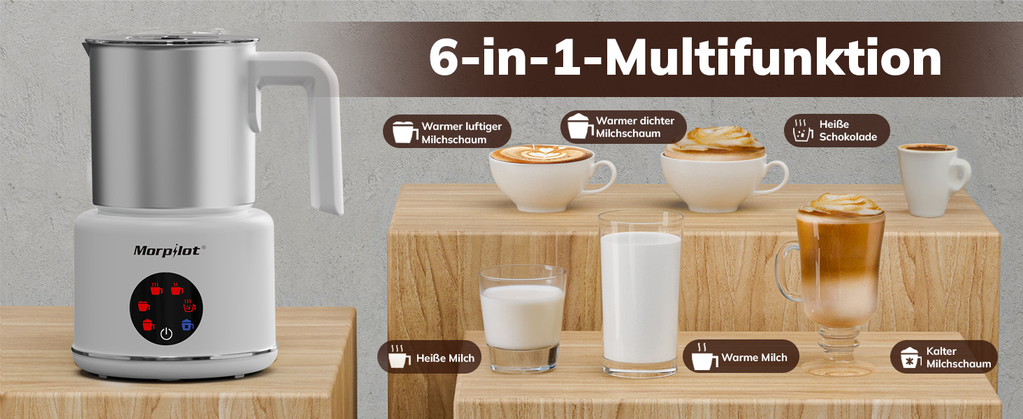 Електричний піноутворювач для молока Morpilot 6-в-1, 130-500 мл, 600 Вт, нержавіюча сталь