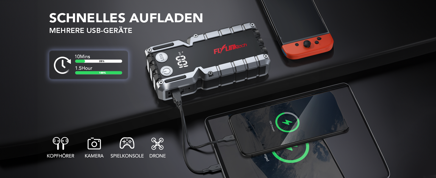 Бустер для автомобіля FLYLINKTECH 7000A — Пусковий пристрій (Powerbank) для 12V авто