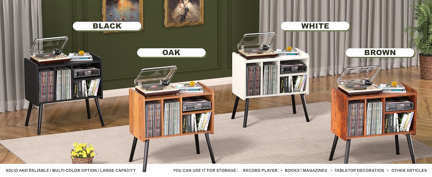 Стіл для програвача, стійка для програвача в стилі середини століття з місцем для зберігання вінілу (до 150+ платівок), шафа для вінілових платівок з регульованими полицями, дуб