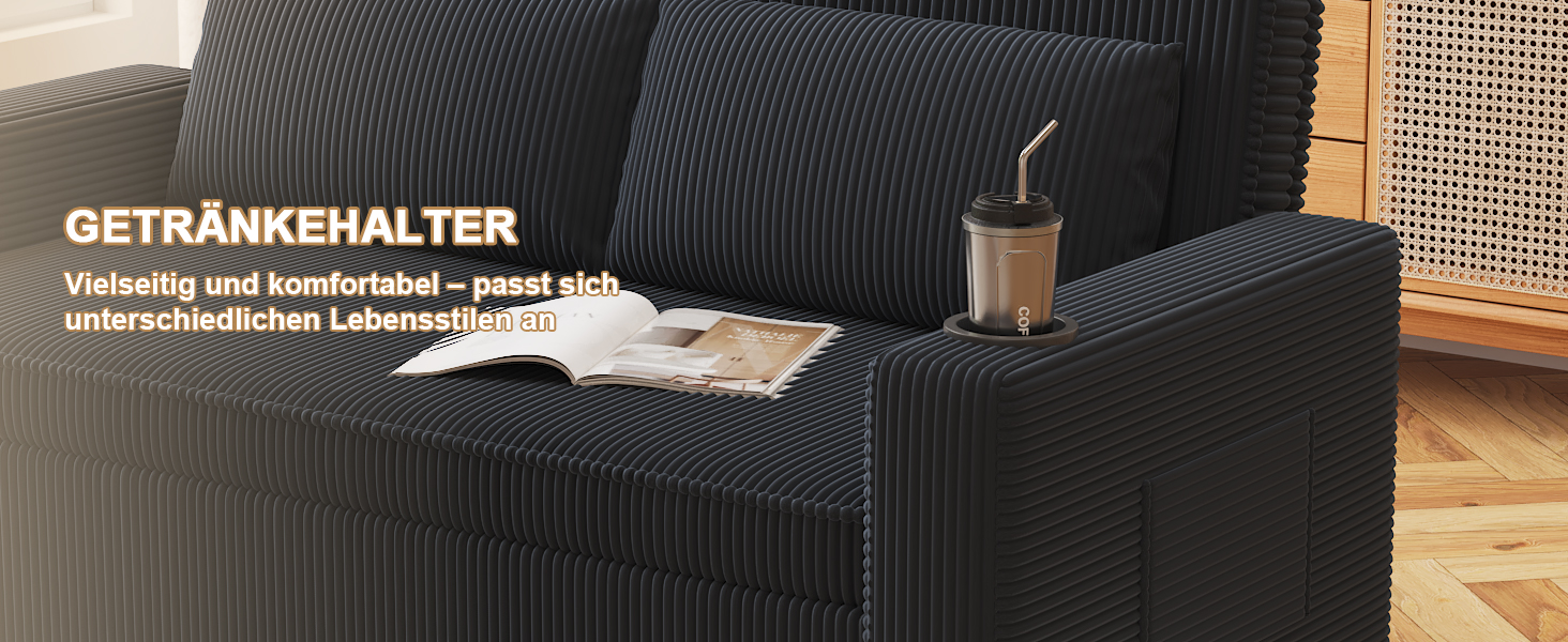 Диван-ліжко JUMMICO 2-місний розкладний з подушками, оббивка корд, чорно-синій, 75x160x93 см. Диван для вітальні та спальні з підсклянником