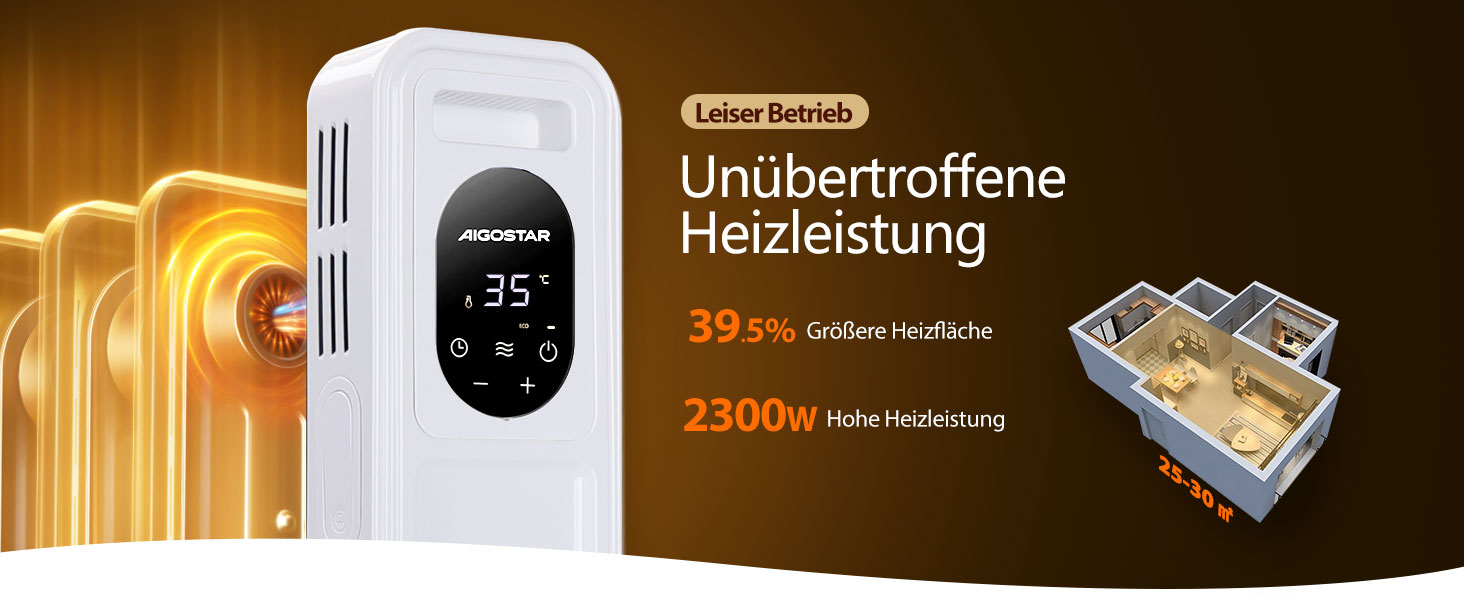 Електричний масляний радіатор Aigostar Cozy 2300W з пультом дистанційного керування, 11 ребер, термостат, 3 режими, таймер 24г, LED-дисплей, захист від перекидання та перегріву, мобільний обігрівач для кімнати