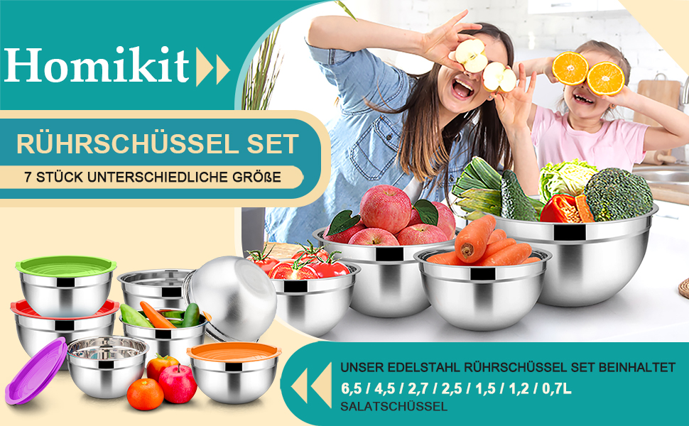 Набір мисок Homikit з нержавіючої сталі, 7 шт. з кришкою, для приготування, випічки та сервірування