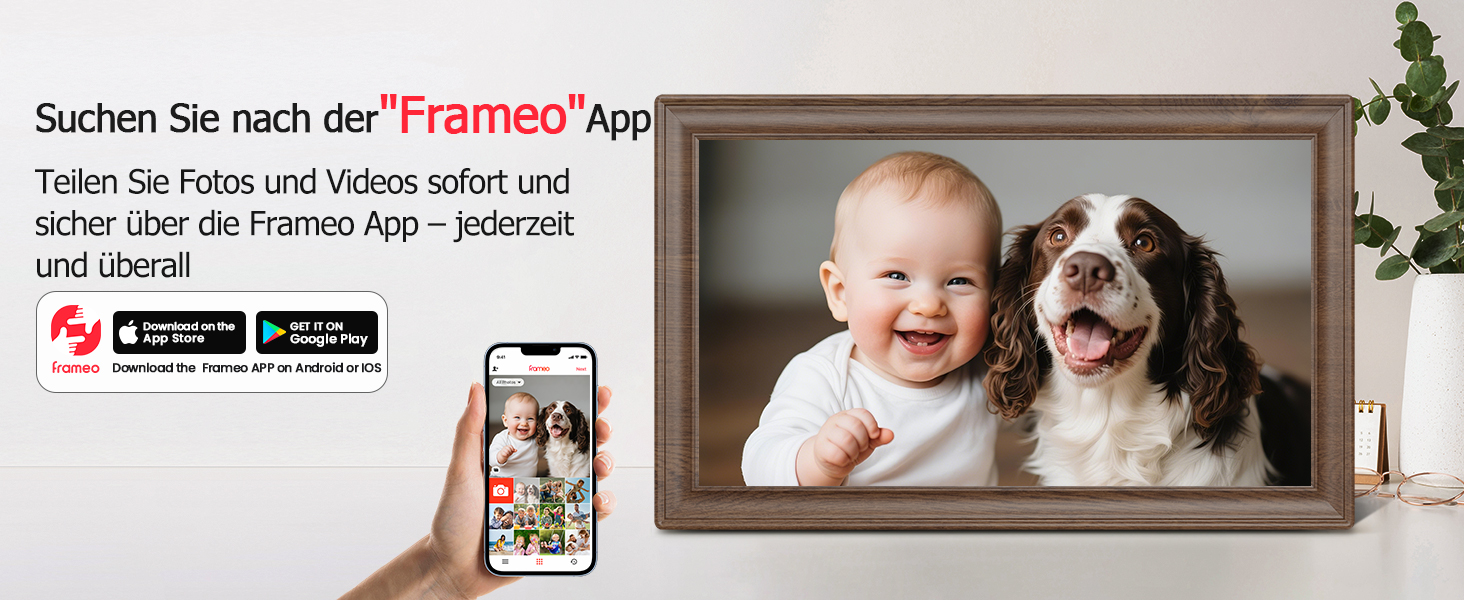 Цифровий фоторамка Frameo 10.1 дюйма з Wi-Fi, сенсорний IPS екран HD 1280*800, 32GB пам'яті, автоповорот, підтримка Frameo App для зручного обміну фото та відео, корпус з дерева (15.6 дюймів)