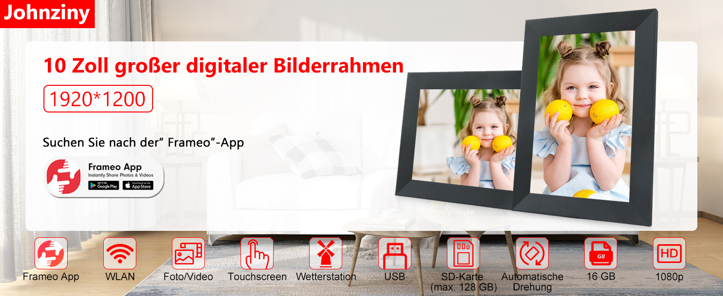 Frameo Цифровий фоторамка 15.6 дюймів Wi-Fi, FHD IPS сенсорний екран, Smart фоторамка з 32GB, автоматичне обертання, обмін фото та відео, можливе кріплення на стіну