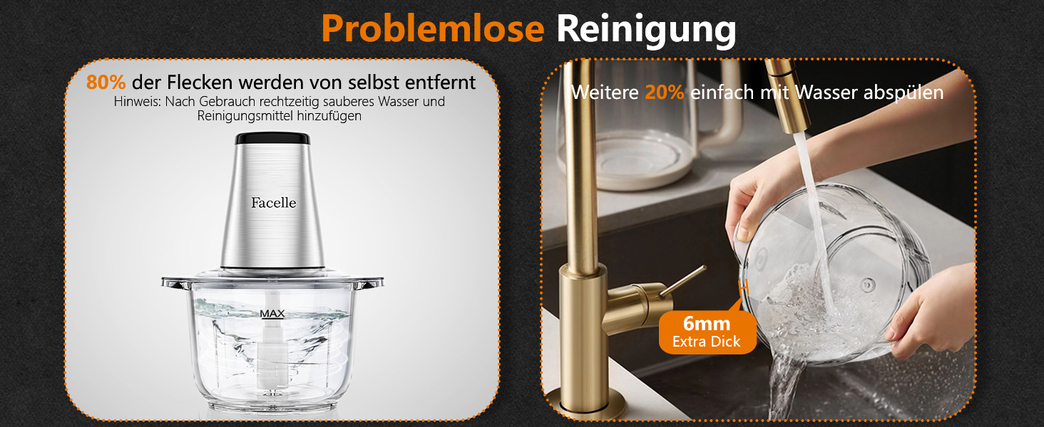 Електричний подрібнювач для кухні Facelle: м'ясорубка, подрібнювач 2L, кухонний комбайн 500W зі скляною чашею та 4 лезами для м'яса, овочів, фруктів, горіхів, дитячого харчування