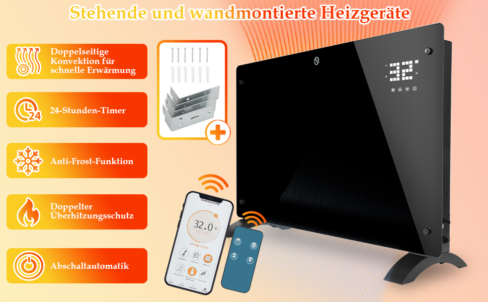 Скляний конвекторний обігрівач Daromigo 2000W з термостатом та WiFi, IP24, настінний, енергозберігаючий, чорний