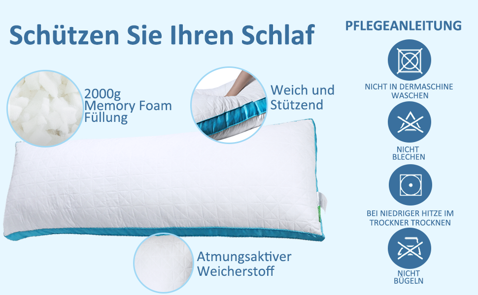Подушка для сну Flanhorest з ефектом пам'яті для вагітних та годування, 130x43 см, біло-блакитна