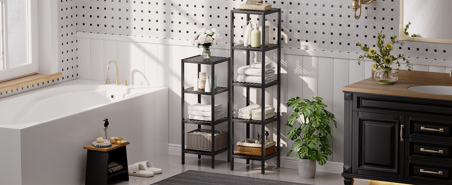 SMIBUY Поличка для ванної кімнати, 5 ярусів, бамбукова поличка, органайзер, багатофункціональна поличка для вітальні, спальні, кухні (Чорний)