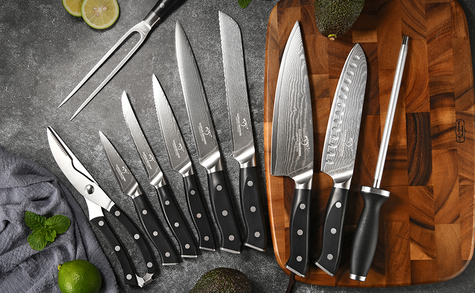 Набір професійних кухонних ножів NANFANG BROTHERS з дамаської сталі, 18 предметів, VG10, 67 шарів, японський кухонний набір, дерев'яний брусок, червоний, чорний