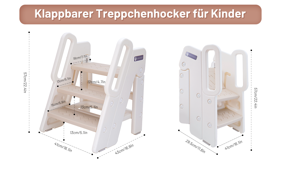 Дитячий триступеневий стільчик Funecho з регулюванням висоти, ручками та антиковзними сходинками. Легкий пластиковий дизайн для ванної кімнати, кухні та безпеки (Верблюд)