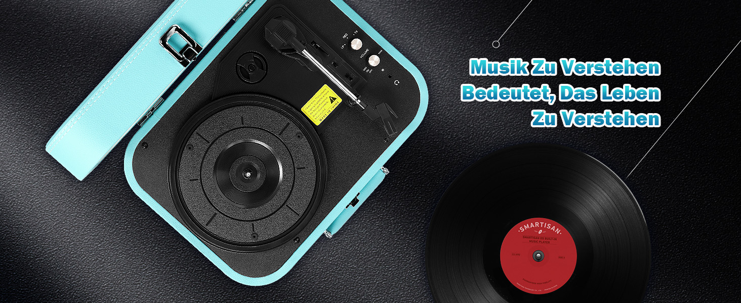 Вініловий програвач з Bluetooth 5.4, вбудованими динаміками, USB, RCA/AUX, переносний у ретро-стилі, 33/45/78 об/хв, синій
