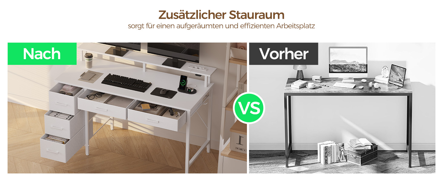 Комп'ютерний стіл Seventable з розетками та LED-підсвічуванням, 100 см, ігровий стіл з 5 шухлядами, стіл для офісу, робочого кабінету, спальні, вітальні, білий