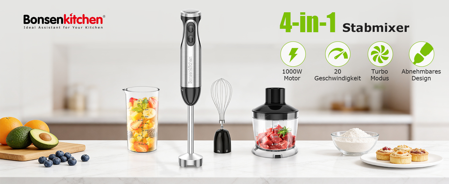 Блендер занурювальний Bonsenkitchen HB3203 4-в-1, 1000 Вт, нержавіюча сталь, з насадкою-мініподрібнювачем 500 мл та мірним стаканом 700 мл для дитячого харчування, чорний