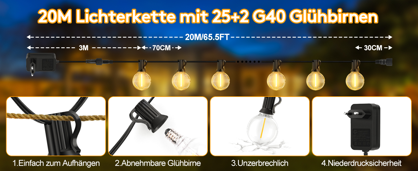 Ланцюжок прикрас LED для вулиці: 20M, 65ft, G40, для саду, балкону, павільйону, тераси, вечірки, з пульт дистанційного керування, IP44, вологостійкий, 20M