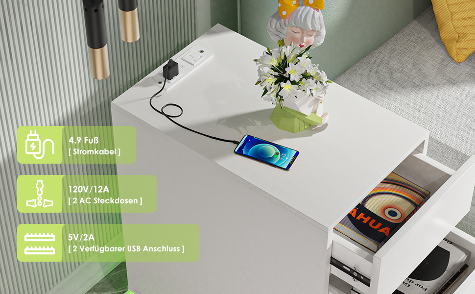 Вузька приліжкова тумба Lvhecforhm з LED підсвіткою, біла, з розеткою і USB, 16 режимів підсвічування, 50x30x63 см, для спальні та вітальні, глянцева