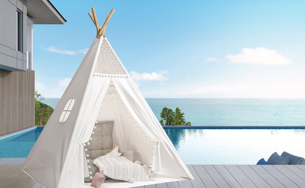 Дитячий намет-типі Kindertipi Dacron 120x120x160 см з вікном, для дому, білий. Стабільний намет-типі для дітей з 4 дерев'яними опорами