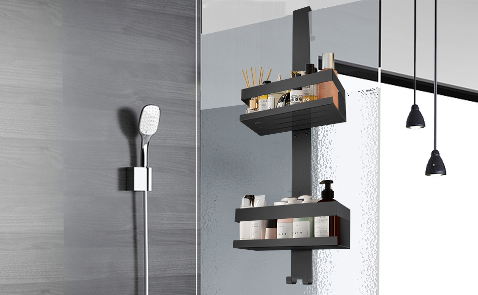 Настінна поличка для душу з нержавіючої сталі SUS304, без свердління, для скляних дверей (чорний)