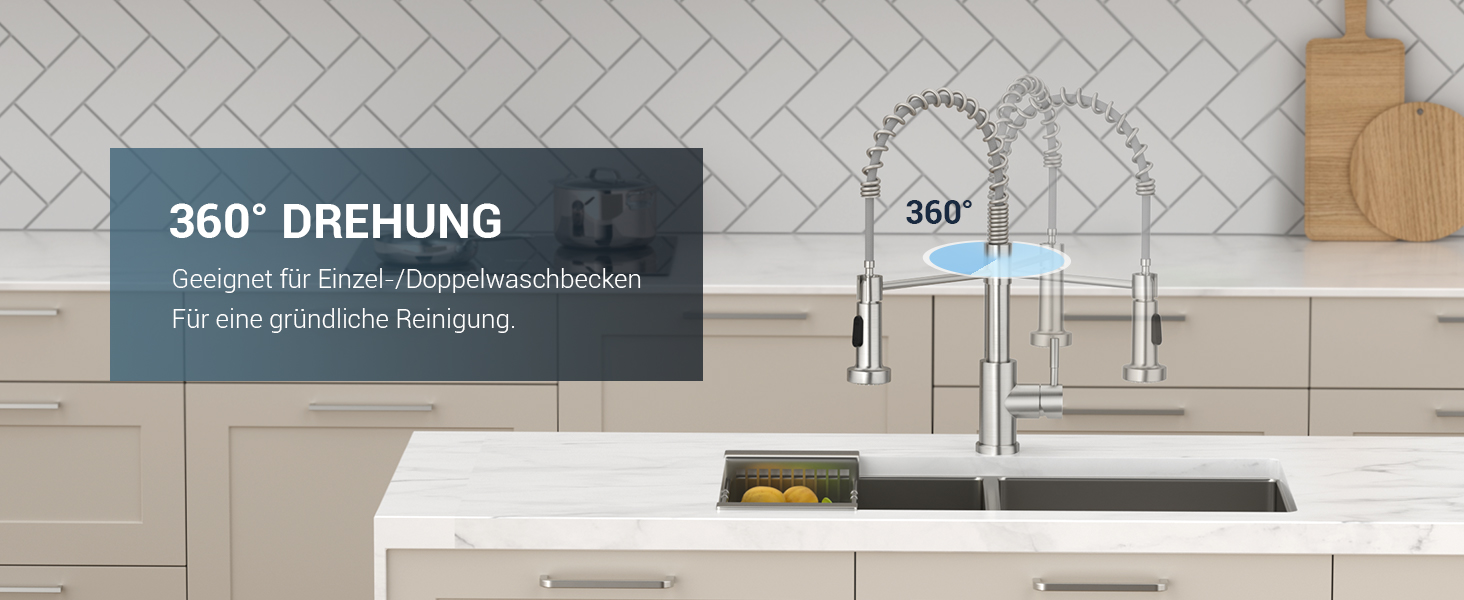 Змішувач для кухні APPASO з висувним душем, нержавіюча сталь, 360° поворотний, сертифікований KTW