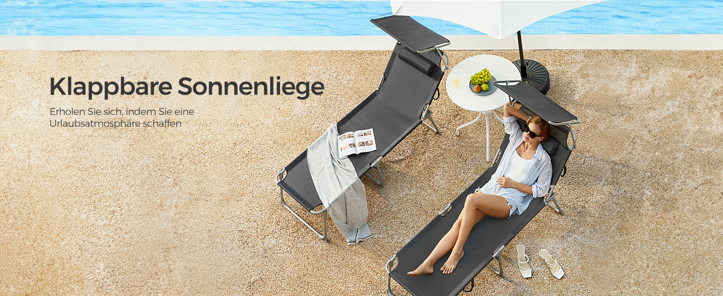 Лежак для відпочинку SONGMICS, розкладний, 193 x 53 x 29 см, до 150 кг, з подушкою, регульована спинка, для саду, басейну, тераси, темно-сірий