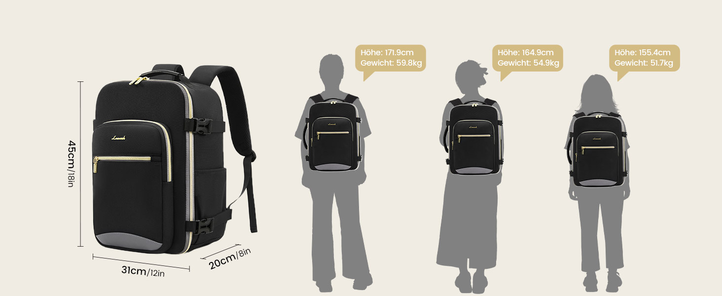 Рюкзак LOVEVOOK для ручної поклажі Ryanair (40x20x25 см), для ноутбука 13.3 дюйма, чорний, підходить для Eurowings, Wizz Air