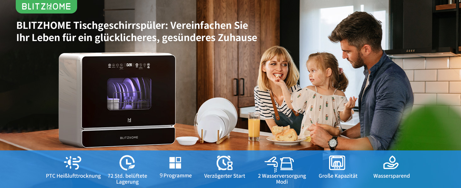 Міні посудомийна машина BLITZHOME з сенсорним керуванням, 9 програм, портативна для кемпінгу, 5.2L, з/без підключення до води, сушка, відкладений старт