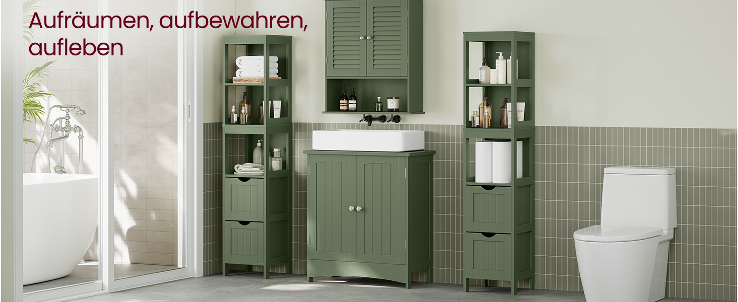 Шафа для ванної кімнати VASAGLE з 2 висувними ящиками та відкритими полицями, 30 x 30 x 141,5 см, колір: ліс зелений