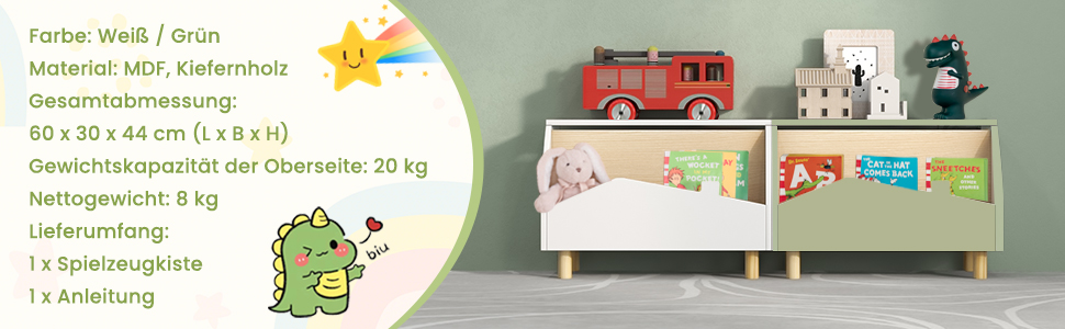 COSTWAY Скринька для іграшок з полицею, дерев'яна іграшковий ящик з кришкою, комод для іграшок, органайзер для дитячої кімнати, 60x30x44 см (Білий)