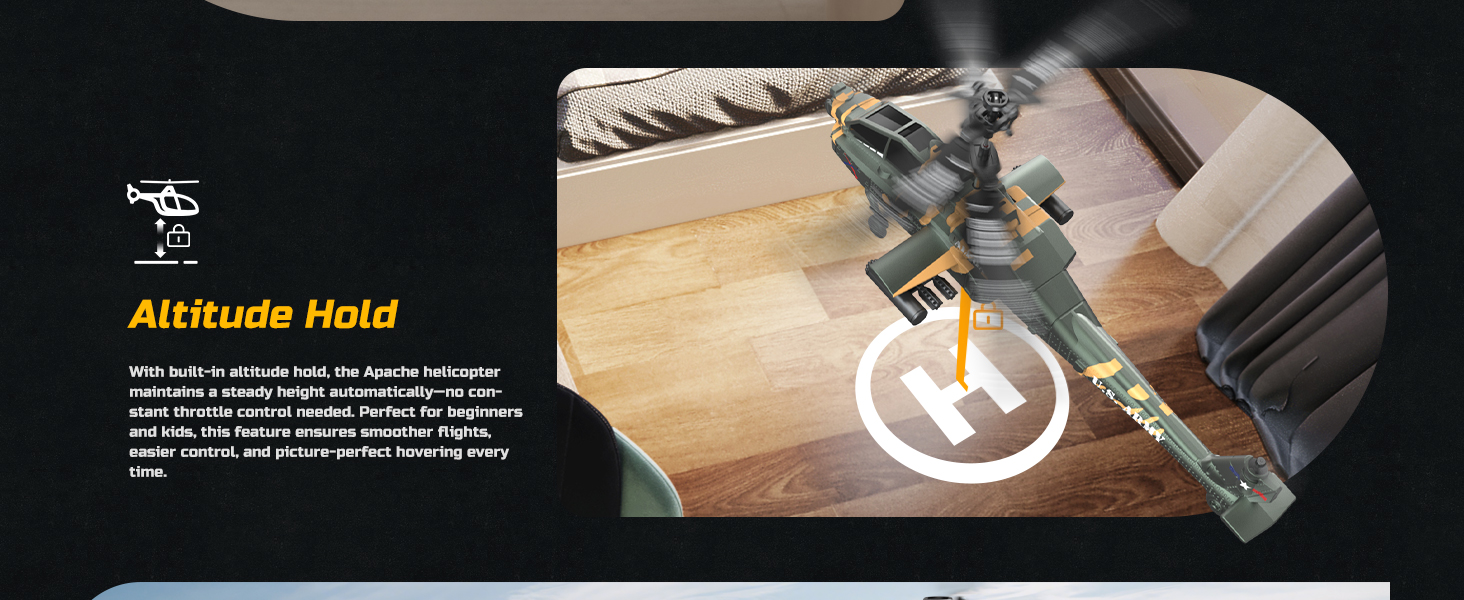 Радіокерований вертоліт DEERC Apache 2.4GHz, 2 акумулятори, 26 хв польоту, LED, стабілізація висоти, легкий старт, для приміщень, камуфляжний колір - ідеальний подарунок для хлопчиків